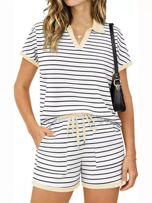 White striped polo shirt and drawstring shorts with beige trim.