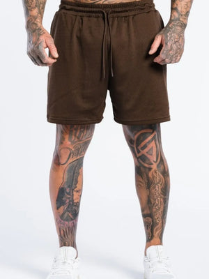 Men's dark brown perforated drawstring athletic shorts