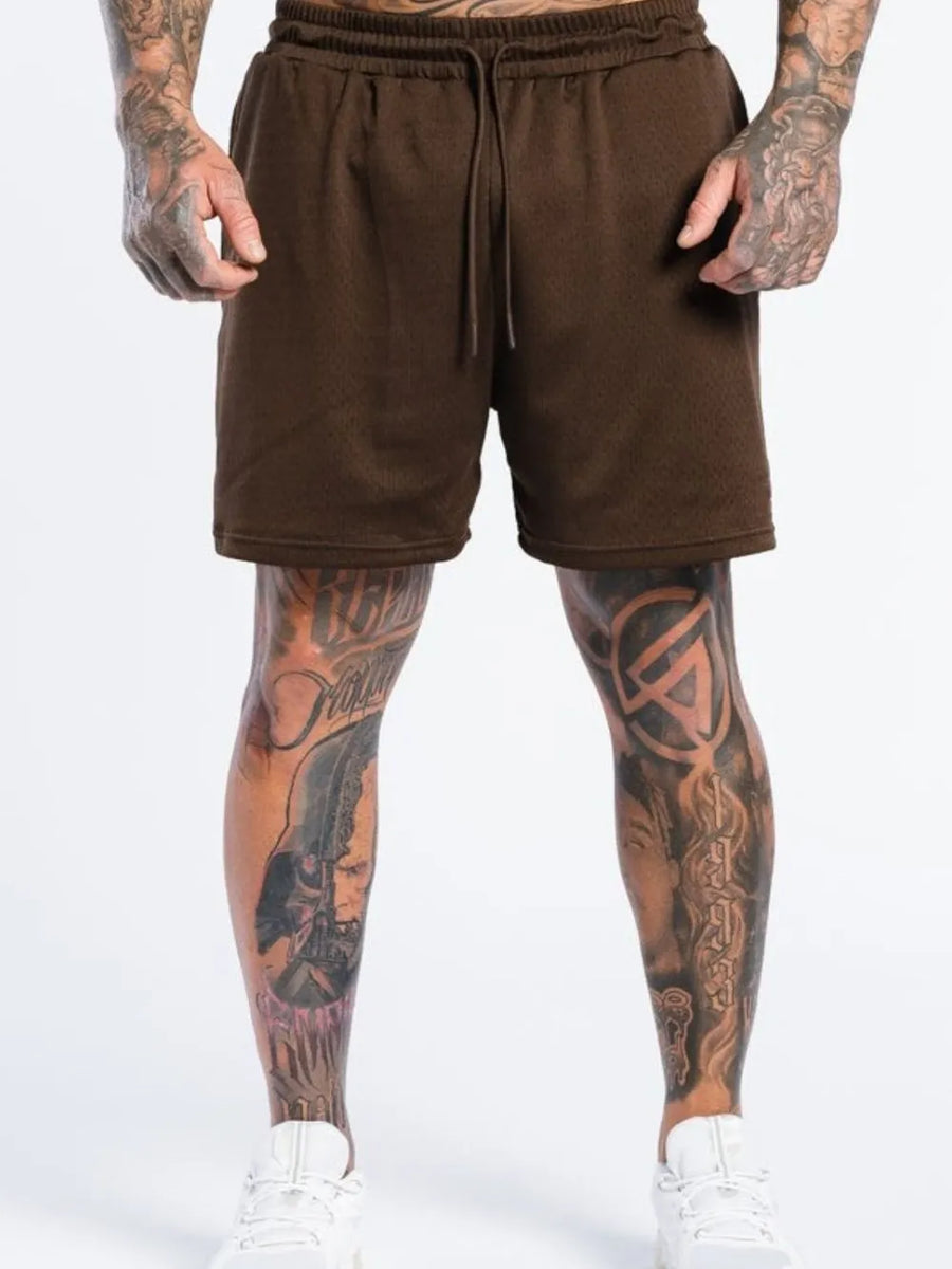 Men's dark brown perforated drawstring athletic shorts