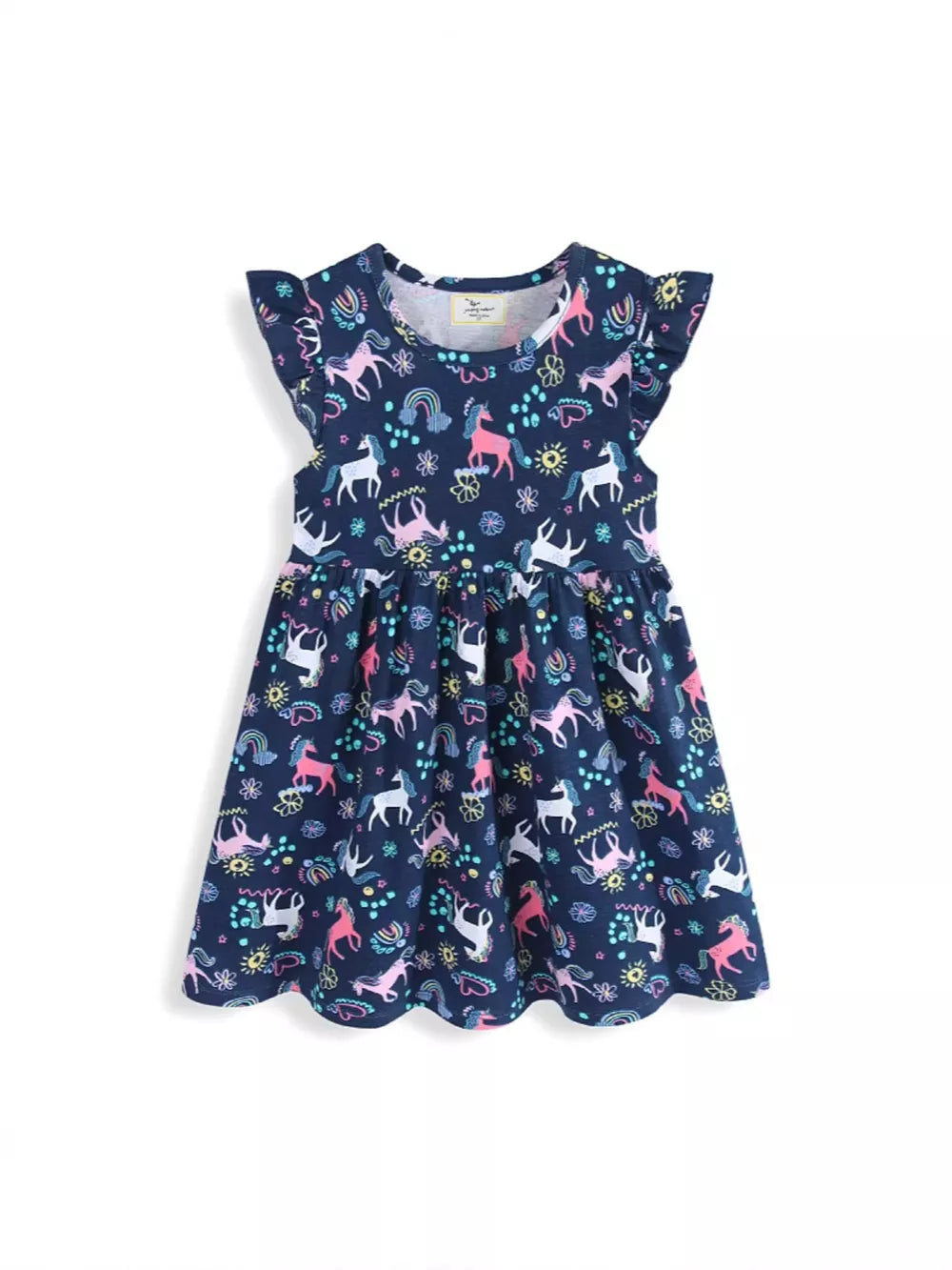 Navy unicorn print cotton dress with ruffle sleeves and scalloped hem.