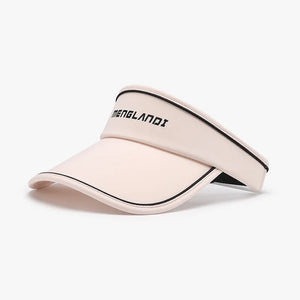 Blush pink textured visor with contrast piping and embroidered text.