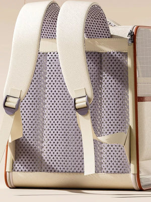 Chic two-tone pet carrier backpack with padded straps and breathable mesh back.
