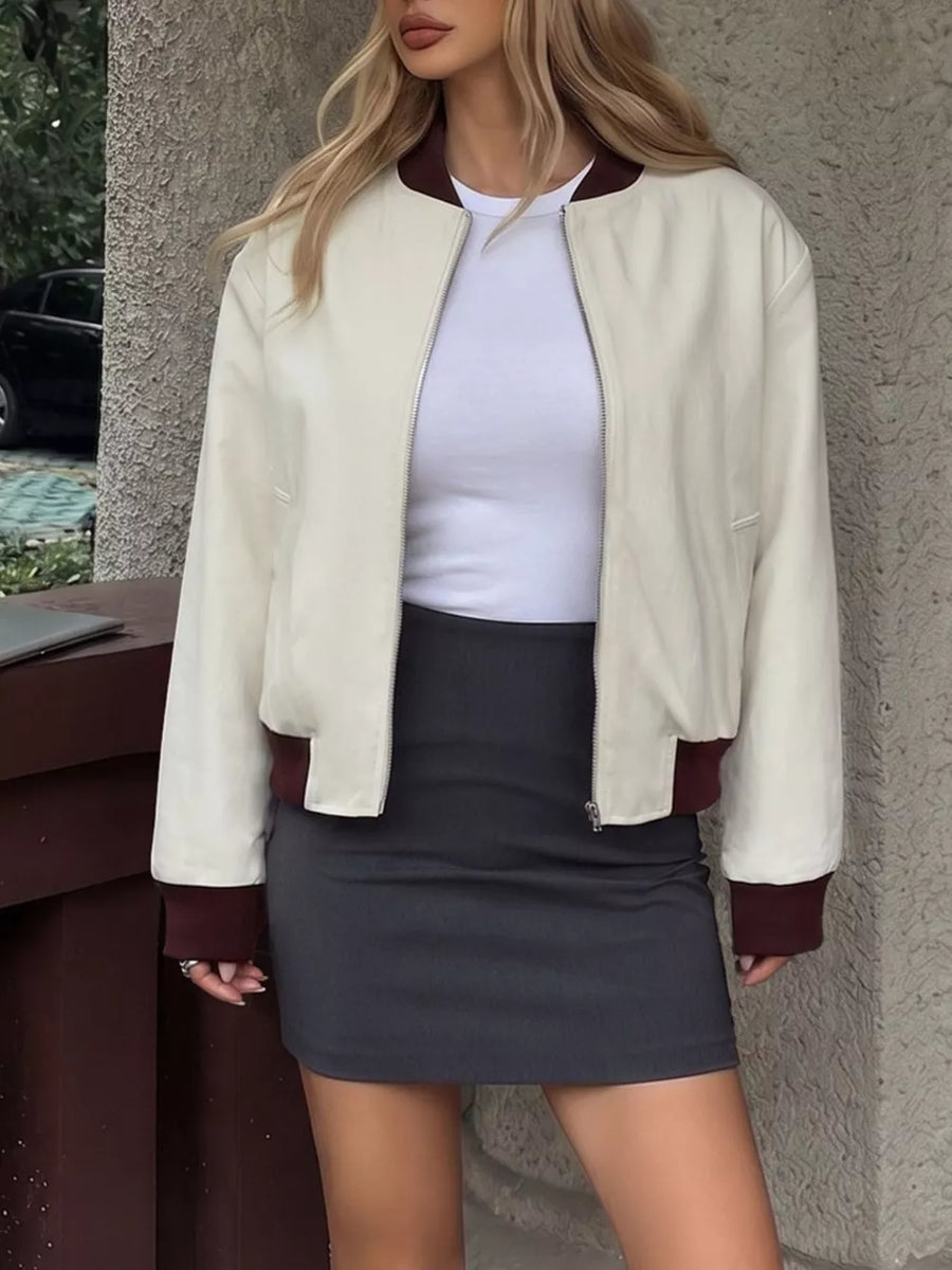 White with Contrast Trim Zip Up Jacket in White