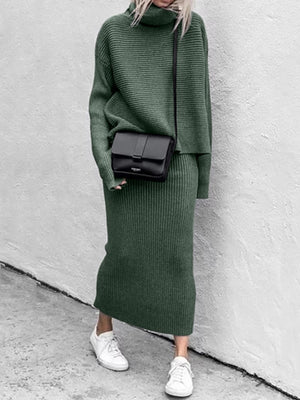 Ribbed Turtleneck Sweater Set With Midi Skirt in blush pink with ribbed