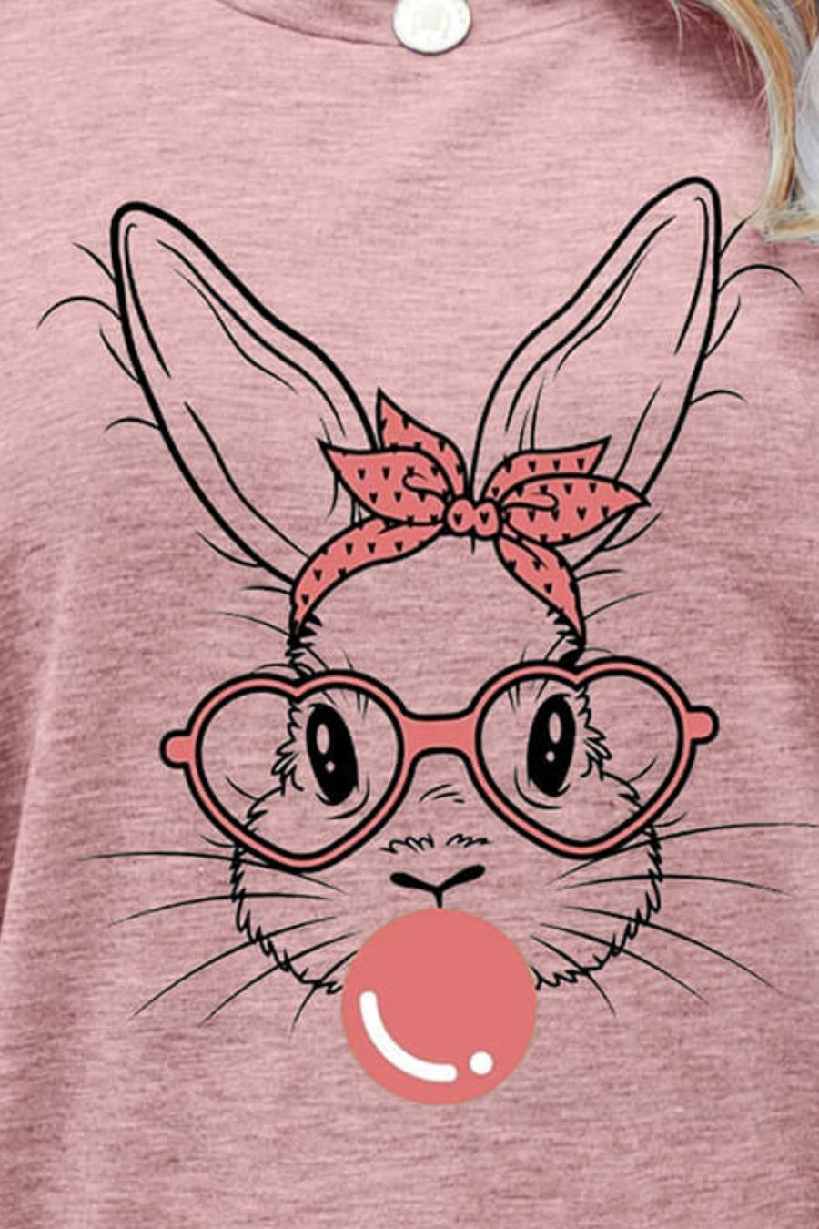 Dusty Pink bunny graphic t-shirt with heart glasses and bubblegum detail.