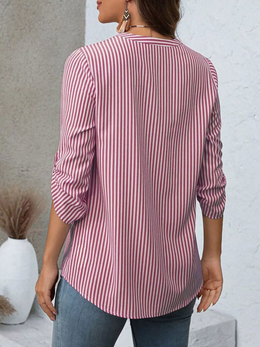 Red stripe v-neck blouse with roll-up sleeves and button detail