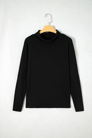 black top with curved hem and long sleeve