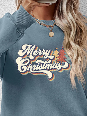 Misty Blue sweatshirt with round neck and "Merry Christmas" graphic with retro trees.