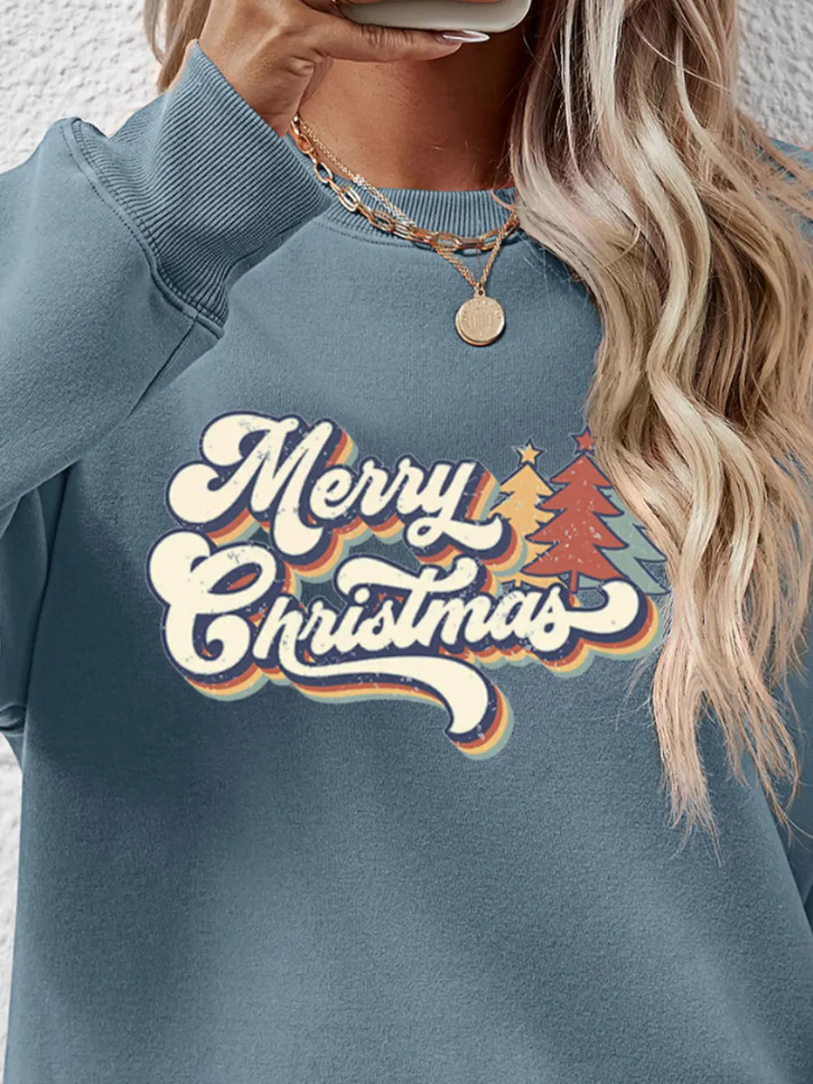 Misty Blue sweatshirt with round neck and "Merry Christmas" graphic with retro trees.
