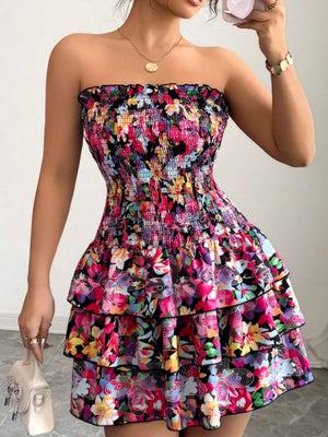 Color Strapless Smocked Floral Tiered Mini Dress