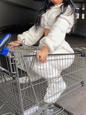 White with Cozy Plush Crop Top And Cargo Pants Set