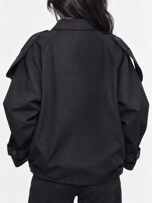 Double-Breasted Cropped Trench Jacket in Black with double-breasted