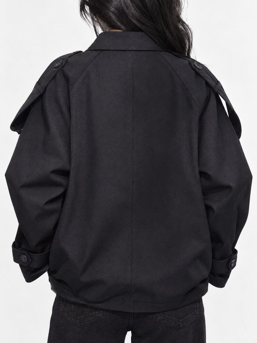 Double-Breasted Cropped Trench Jacket in Black with double-breasted