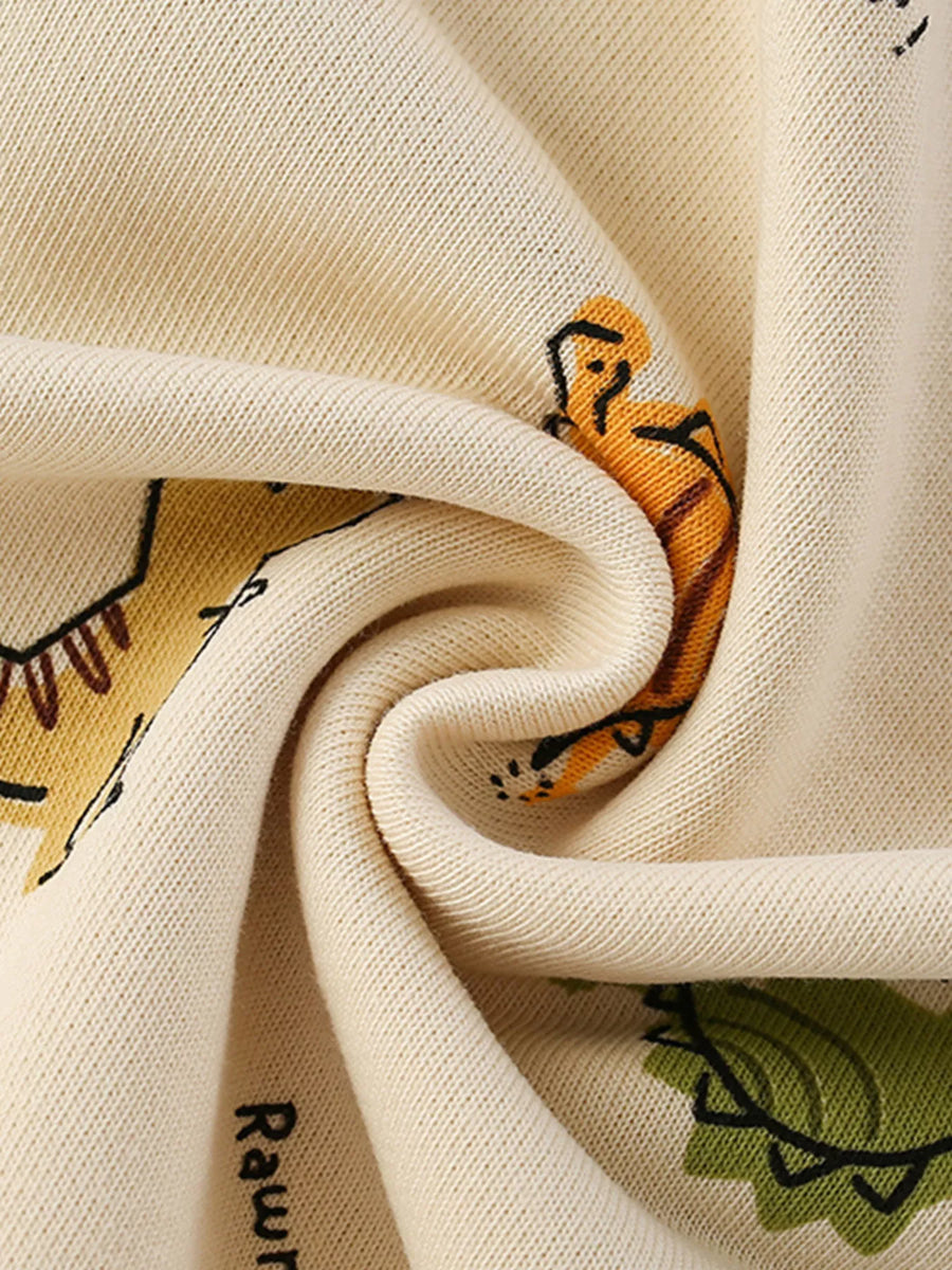 Beige cotton crew neck sweatshirt with dinosaur print and rawr text detail