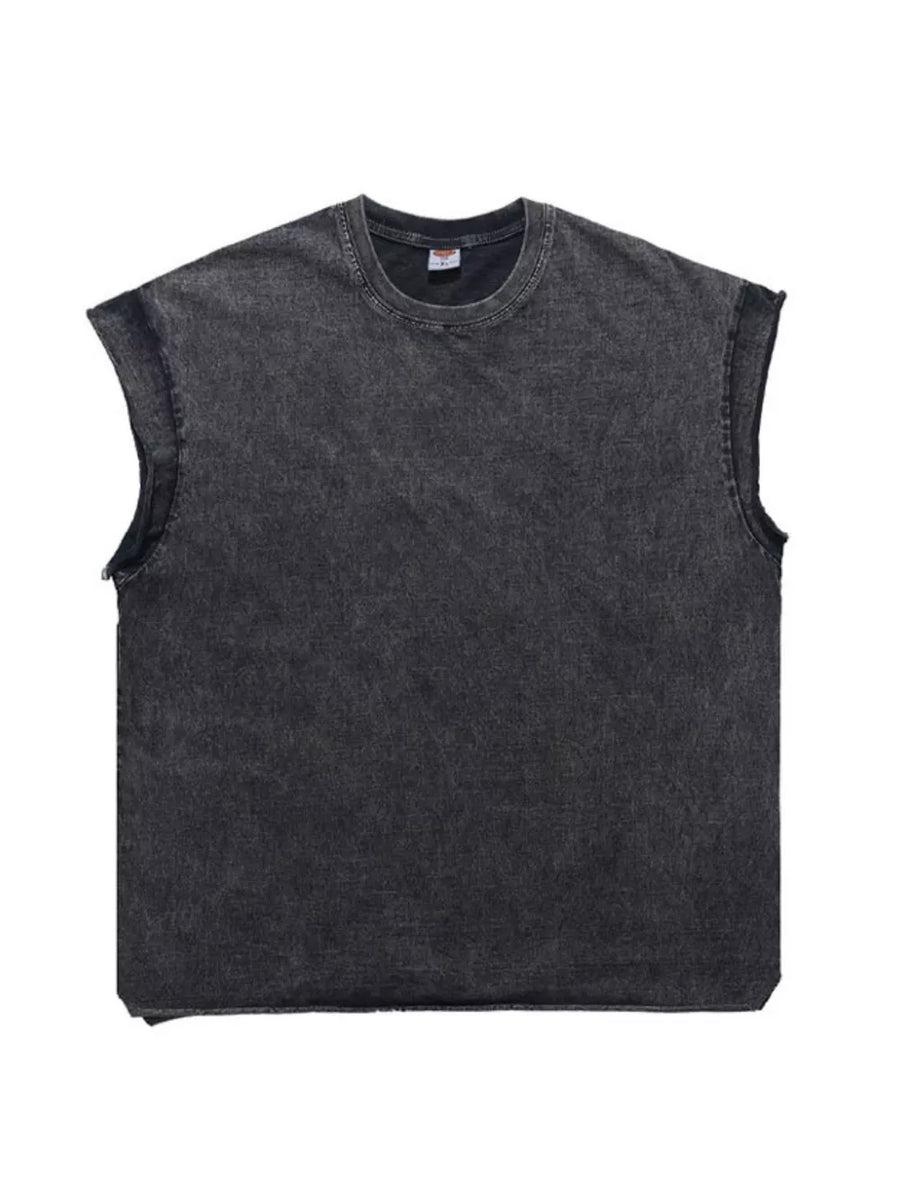 Distressed dark gray cotton blend relaxed fit men's tank top with raw cut sleeves.