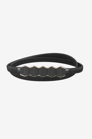 Black elastic belt with geometric gold and black buckle detail
