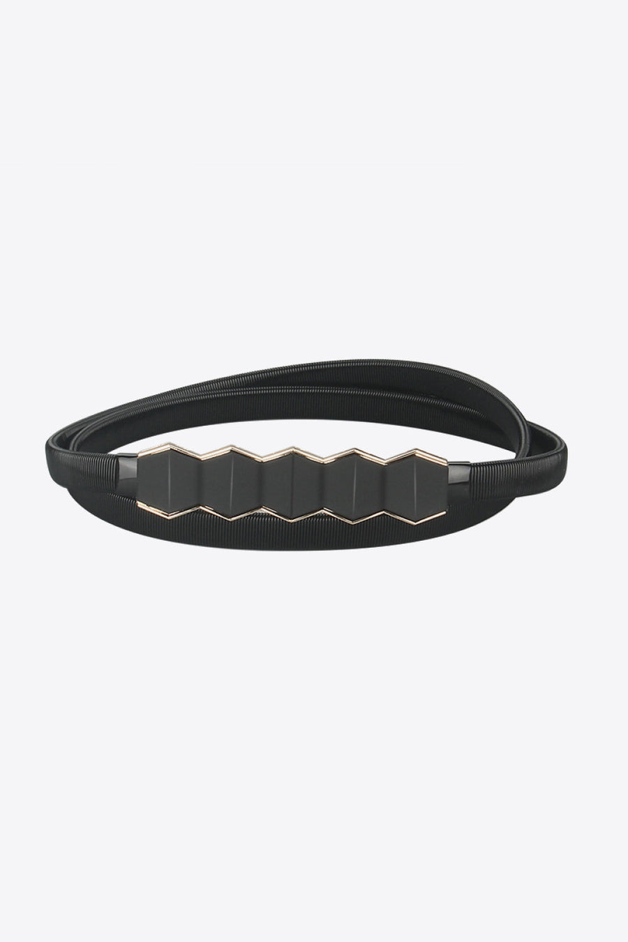 Black elastic belt with geometric gold and black buckle detail