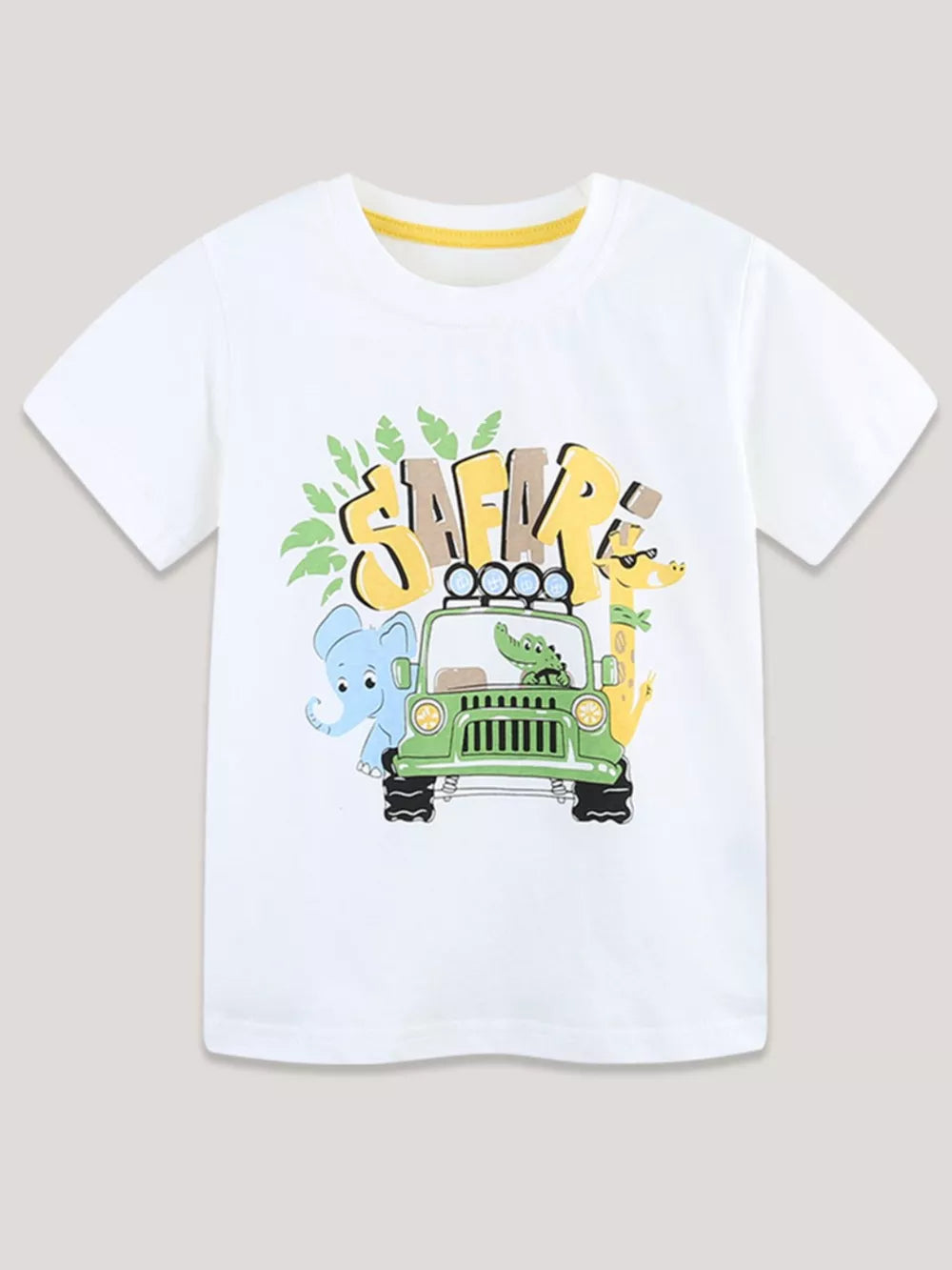 White cotton t-shirt with a playful safari graphic featuring a jeep, elephant, giraffe, and crocodile.