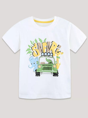 White cotton t-shirt with a playful safari graphic featuring a jeep, elephant, giraffe, and crocodile.