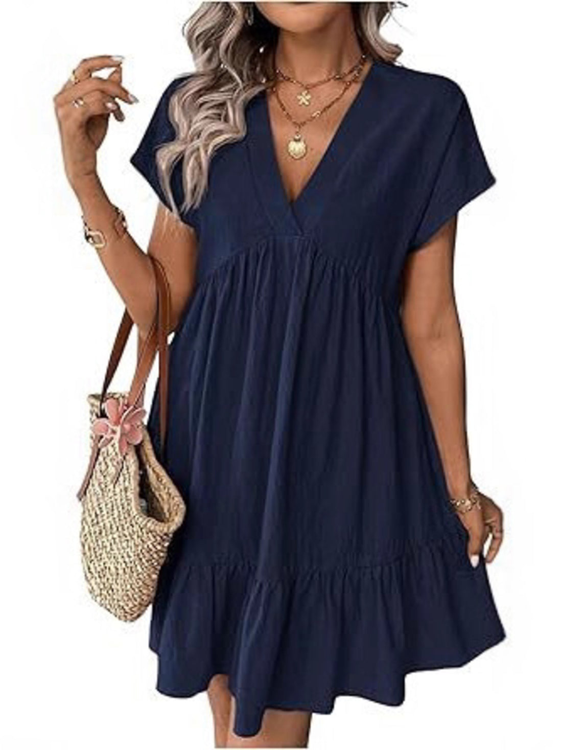Navy V-neck ruffled mini dress with short sleeves and tiered hem.