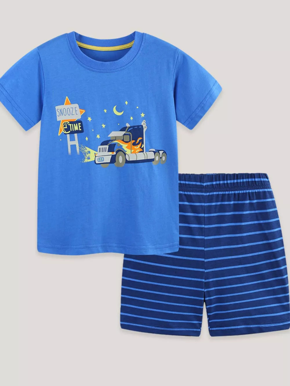 Blue cotton toddler pajama set with truck graphic tee and striped shorts