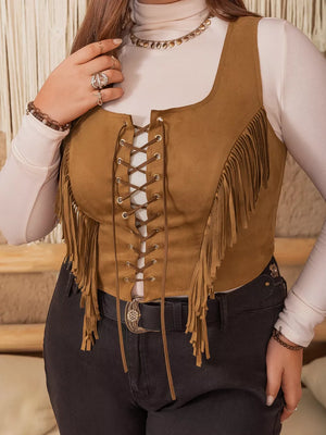 Caramel faux suede cropped vest with fringe and lace-up front.
