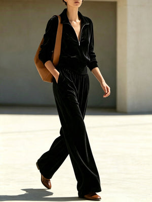 Apricot relaxed sweatshirt and wide-leg pants set with collared