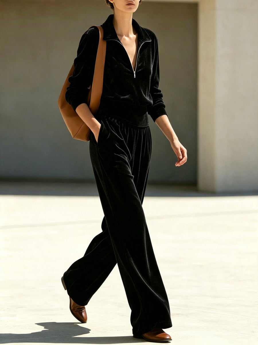 Apricot relaxed sweatshirt and wide-leg pants set with collared