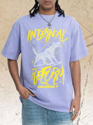 Men's light purple cotton graphic t-shirt with howling wolf and text.