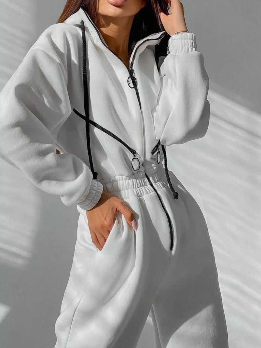 jumpsuit in Rose Red with hooded and long sleeve