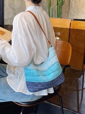 Blue with Straw Woven Shoulder Bag in Blue