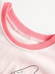 White t-shirt with pink trim neckline and a graphic detail.