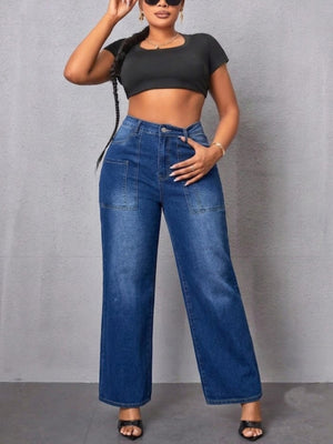 wide-leg jeans in indigo blue featuring pocketed and flared fit