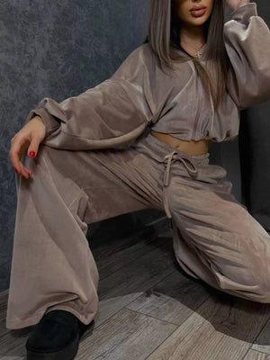 Apricot with Zip Up Cropped Outerwear And Pants Set in Apricot