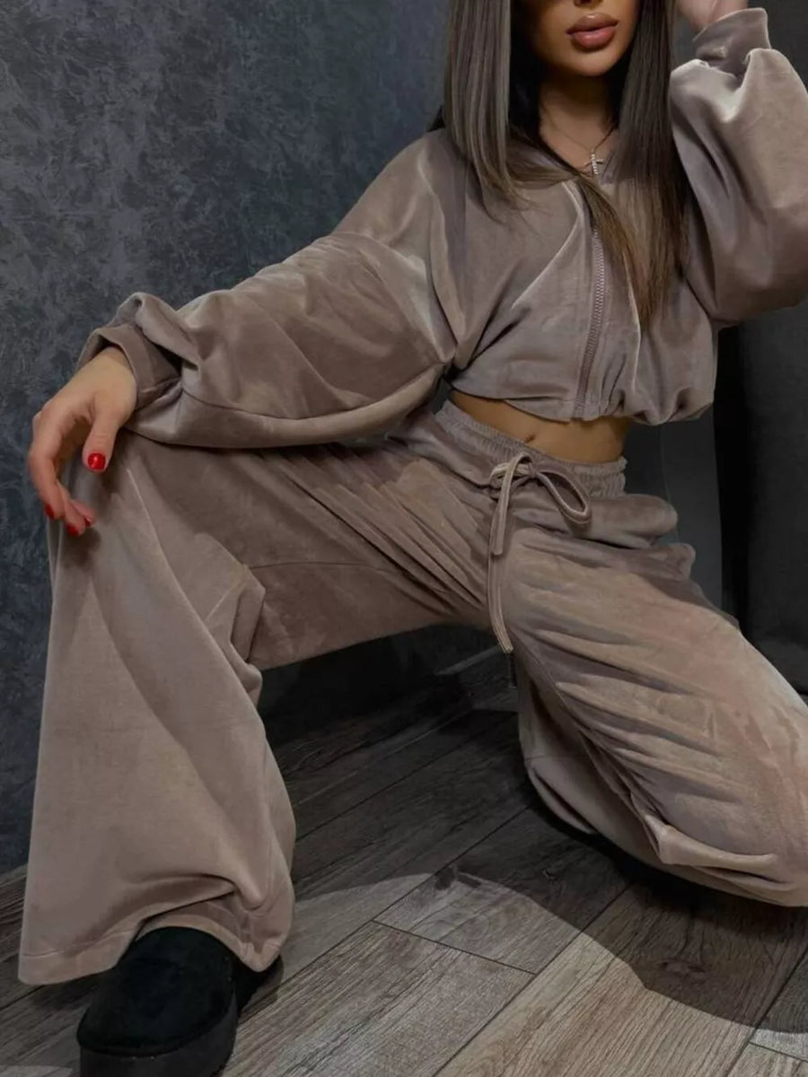 Apricot with Zip Up Cropped Outerwear And Pants Set in Apricot