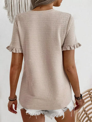 Khaki textured t-shirt with short ruffle sleeves and a crew neck.