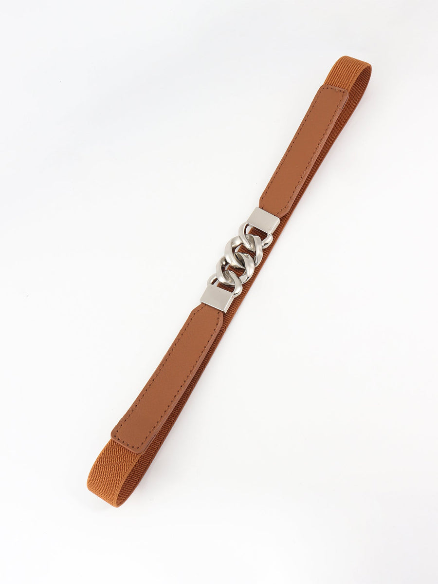 Chain detail faux leather elastic waist belt in Chocolate/Silver