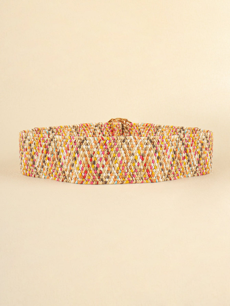 Woven raffia belt with multicolor flecks and a sculpted buckle.