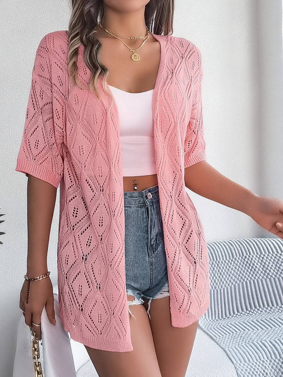 Open-knit diamond pattern blush pink short sleeve cardigan