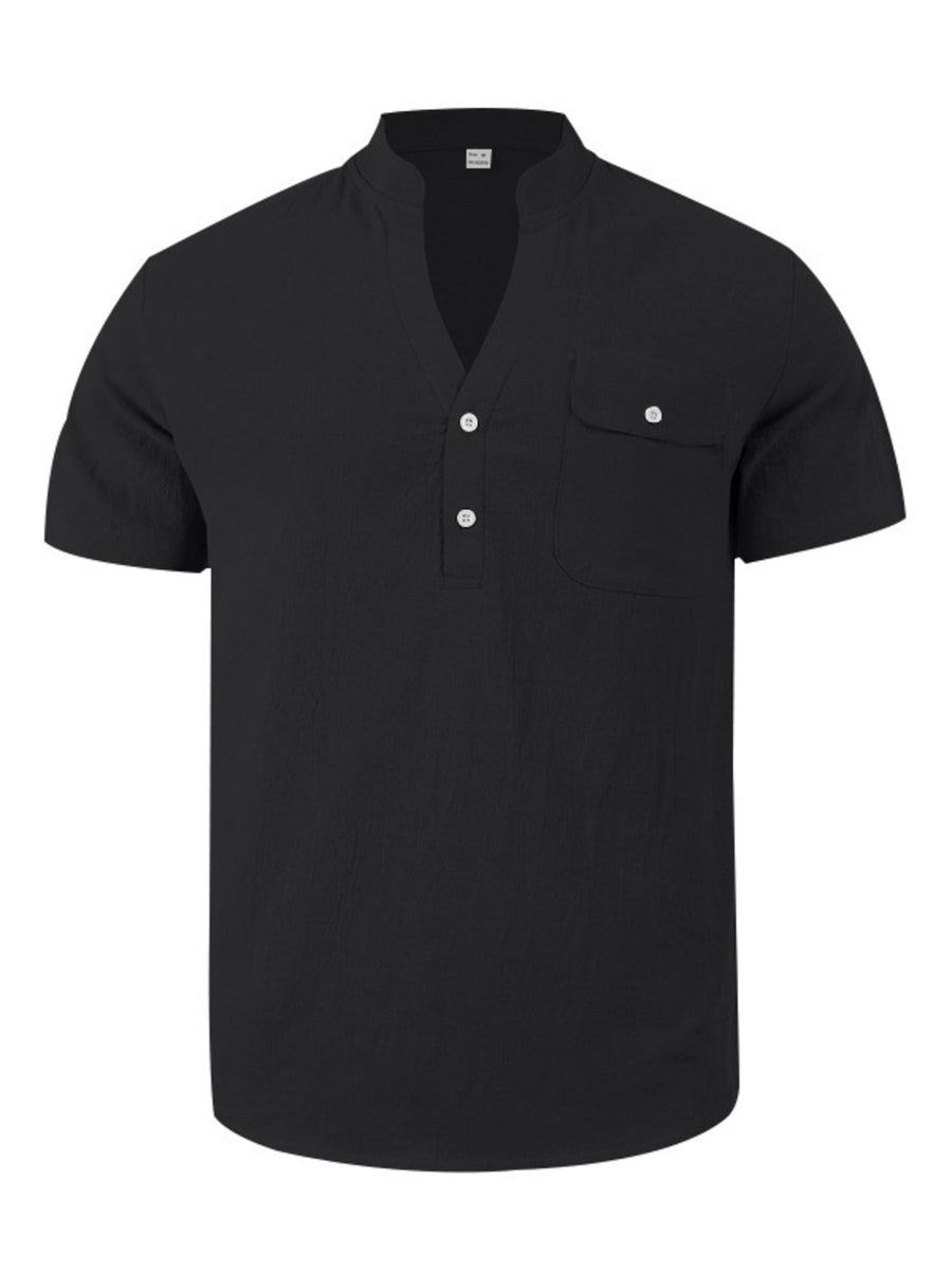 Black cotton short sleeve henley shirt with band collar and chest pocket.