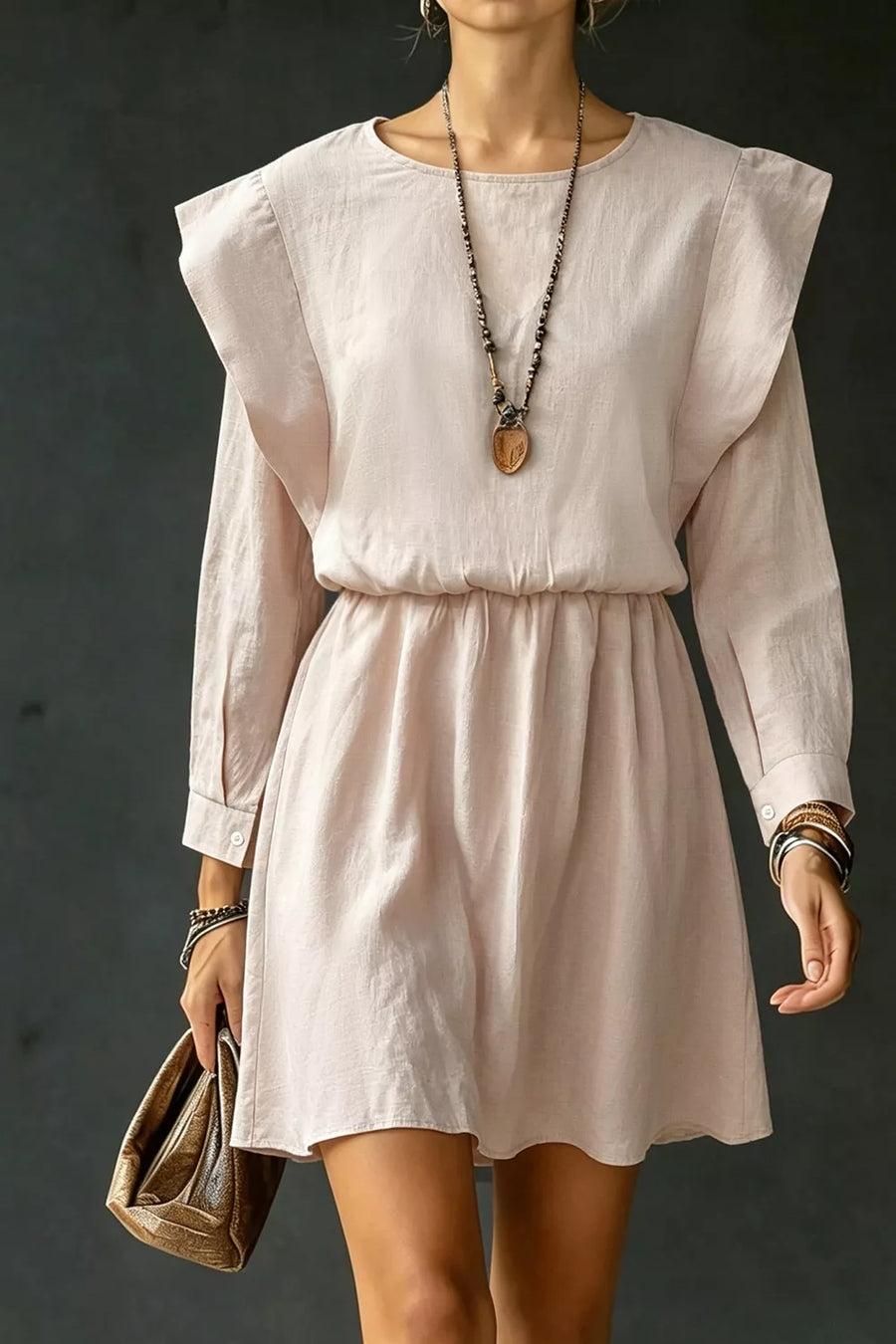 Eggshell with Ruffled Round Neck Long Sleeve Dress