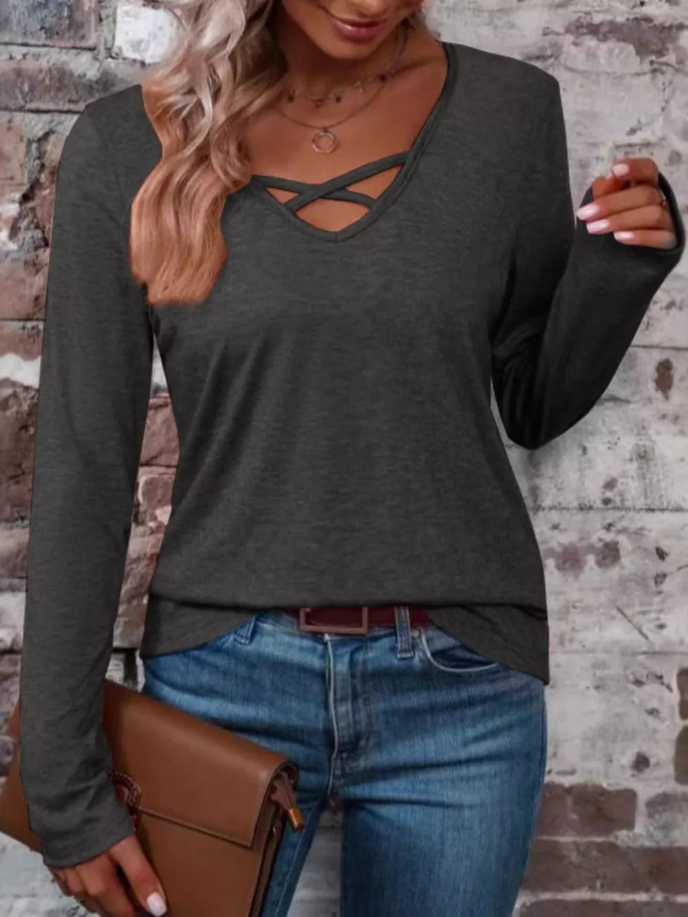 Pure Black Crisscross V-neck Long Sleeve T-shirt