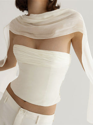 Cream ruched tube top with sheer scarf detail, cropped length.