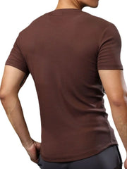 Men's dark brown ribbed crewneck tee with short sleeves.