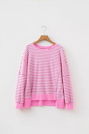 Stripe Textured Knit Color Block Long Sleeve Top in Blush Pink, view 11