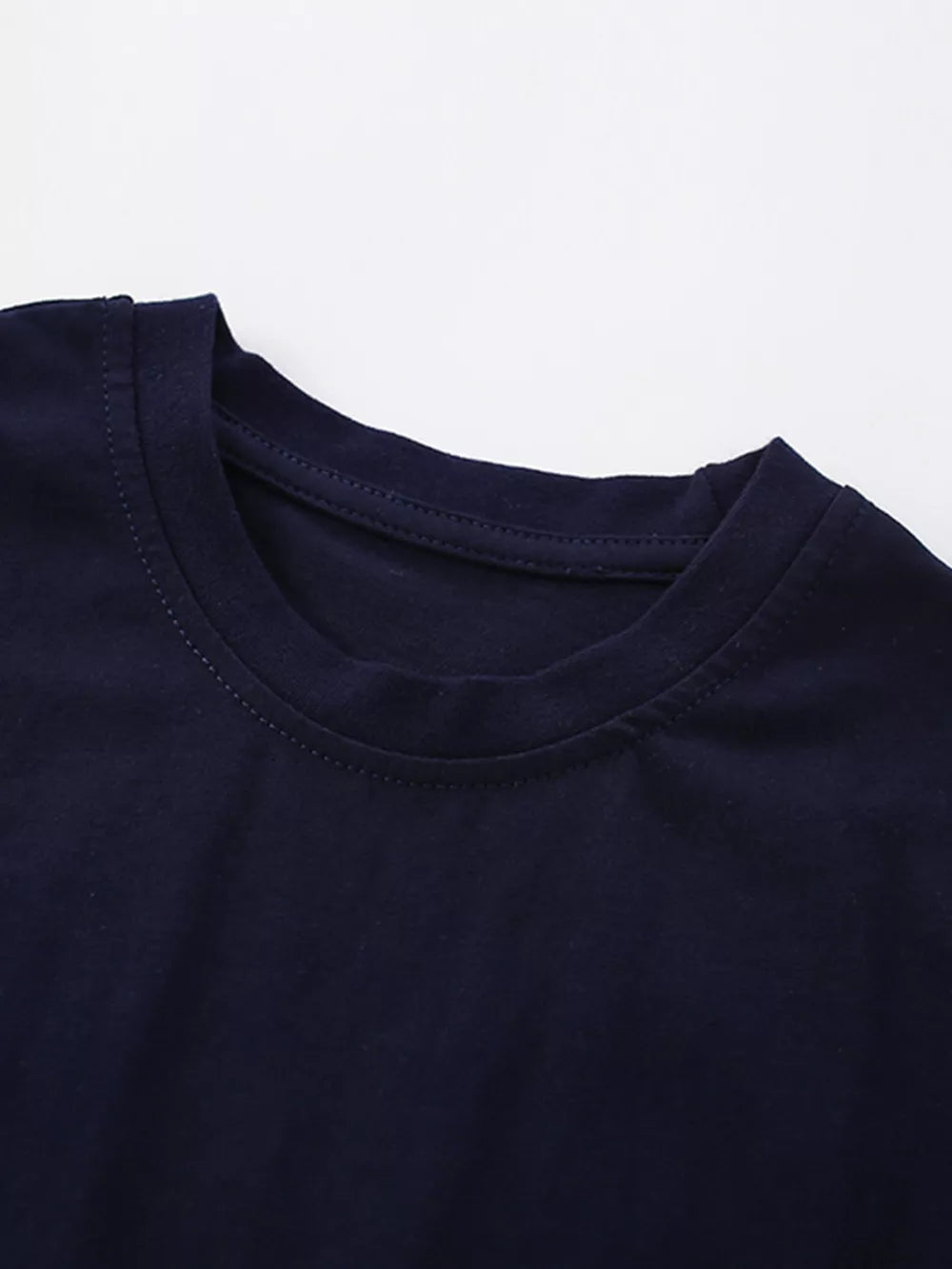 Toddler navy blue cotton t-shirt neckline detail