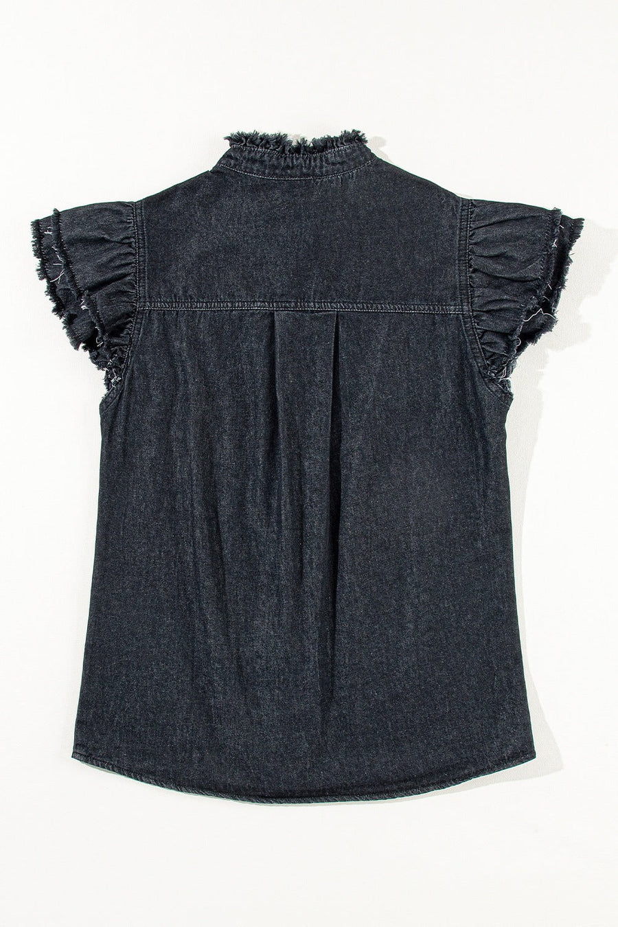 Black denim button-up shirt with ruffled cap sleeves and frayed collar.