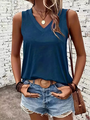 V-neck Ribbed Trim Tank in Dark Blue