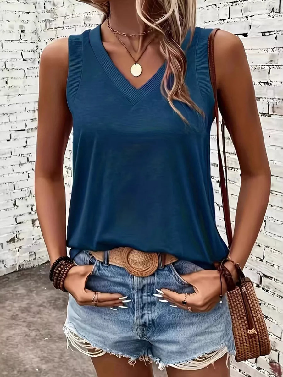 V-neck Ribbed Trim Tank in Dark Blue