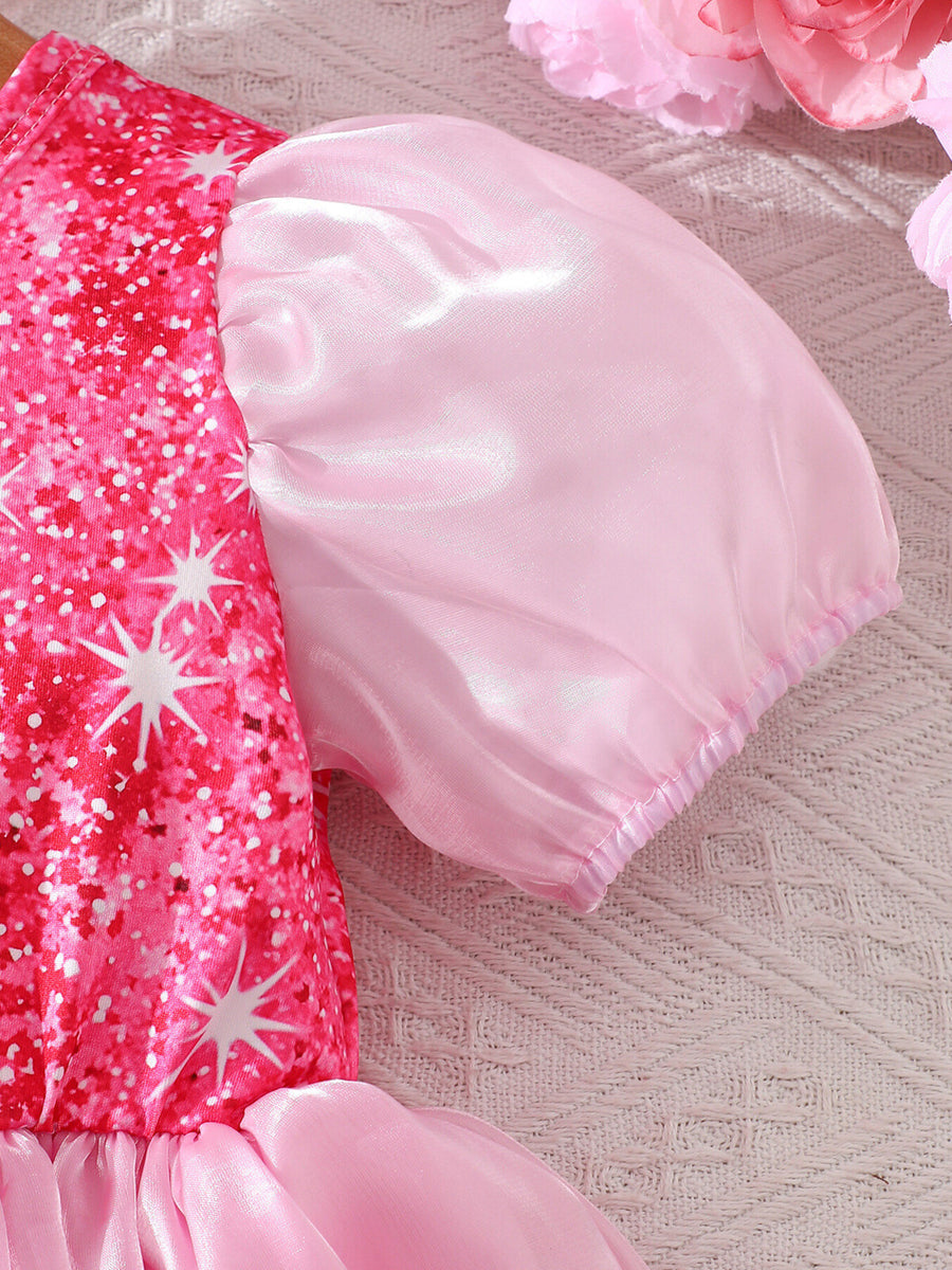 Baby dress with pink glitter star print and sheer puff sleeves